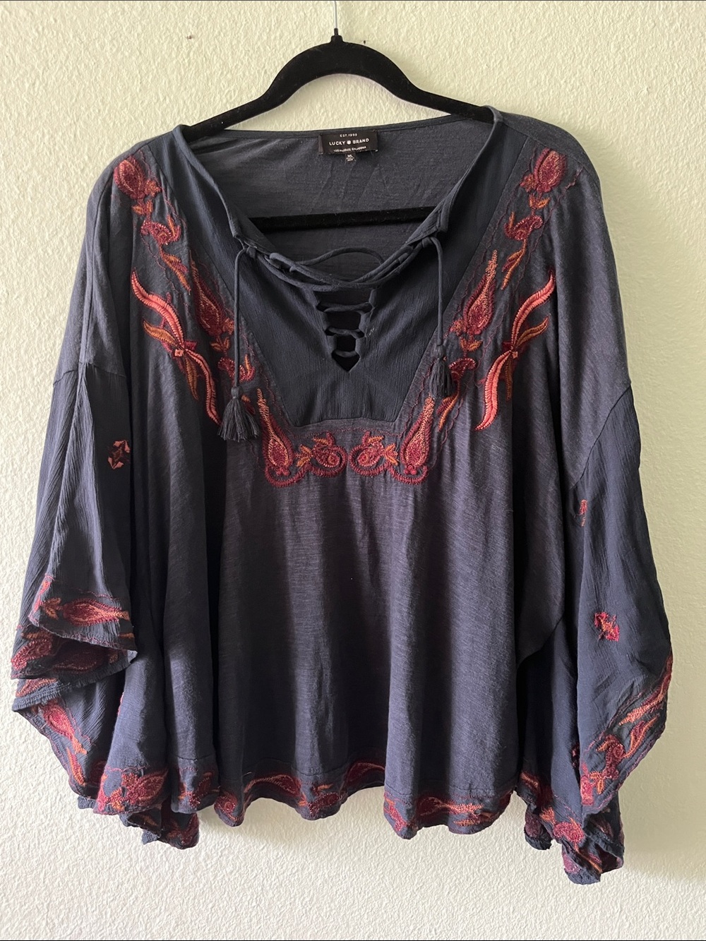 Lucky Brand Navy Peasant Blouse with Embroidery Details